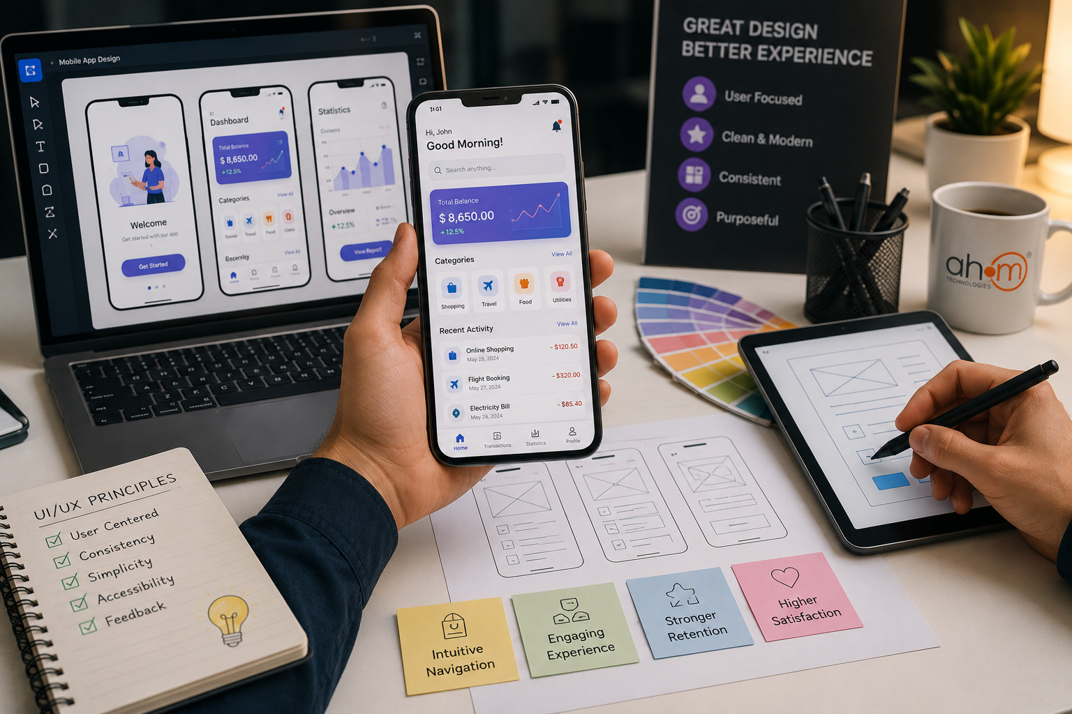 Android UI and UX design process displaying mobile app wireframes, user interface prototypes, and user-centered design solutions for enhanced engagement and user experience.
