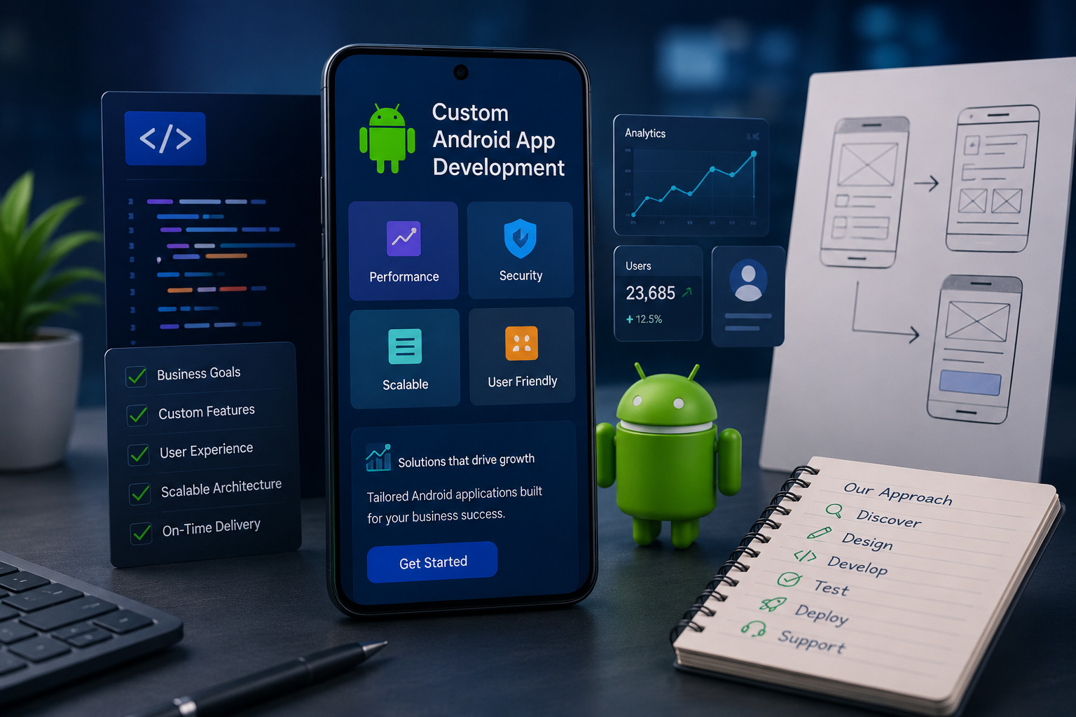 Custom Android app development process showcasing tailored mobile application solutions, user-focused design, scalable architecture, and business-driven Android app development services.
