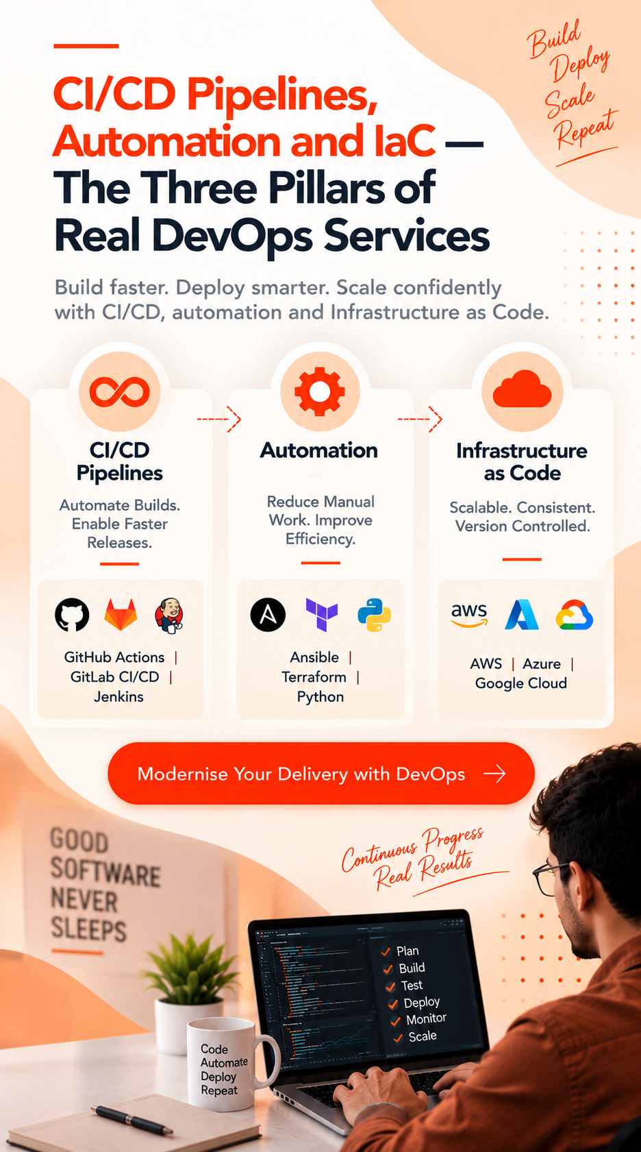 CI/CD pipelines automation and IaC three pillars of DevOps services India 